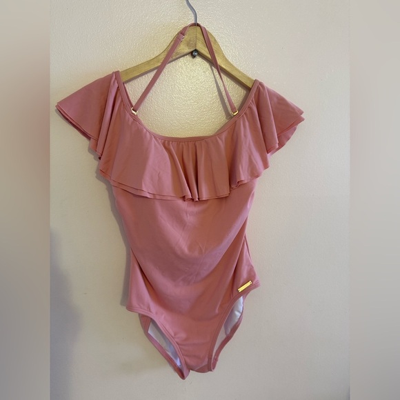 Michael Kors Pink Ruffle Swimsuit Built in Shelf Bra Padded Cups Off Shoulder 6 - Picture 15 of 16